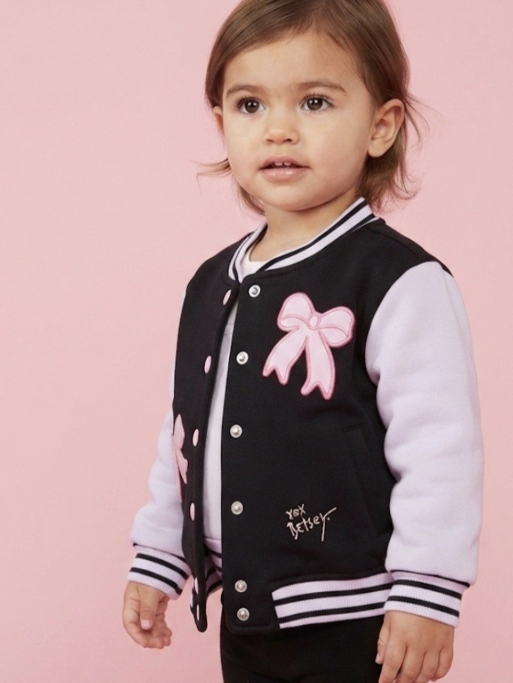 Betsey Johnson Coquette black pink varsity jacket bow appliqués Size 2T EUC